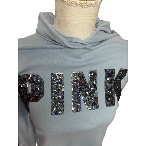 Victorias Secret Pink Womens Blue Sequin Crop Sweatshirt Hoodie Small Relaxed - Picture 4 of 9